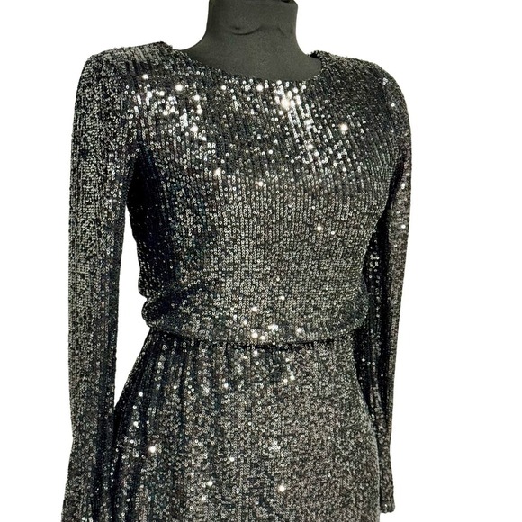 Women's Black Sequined Long Sleeve Blouson Mini Dress, Juniors size XS - Picture 8 of 16
